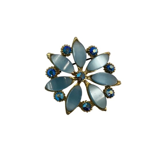 Vintage Womens Aqua Blue Flower Brooch Rhinestones MCM 60s - Picture 1 of 8